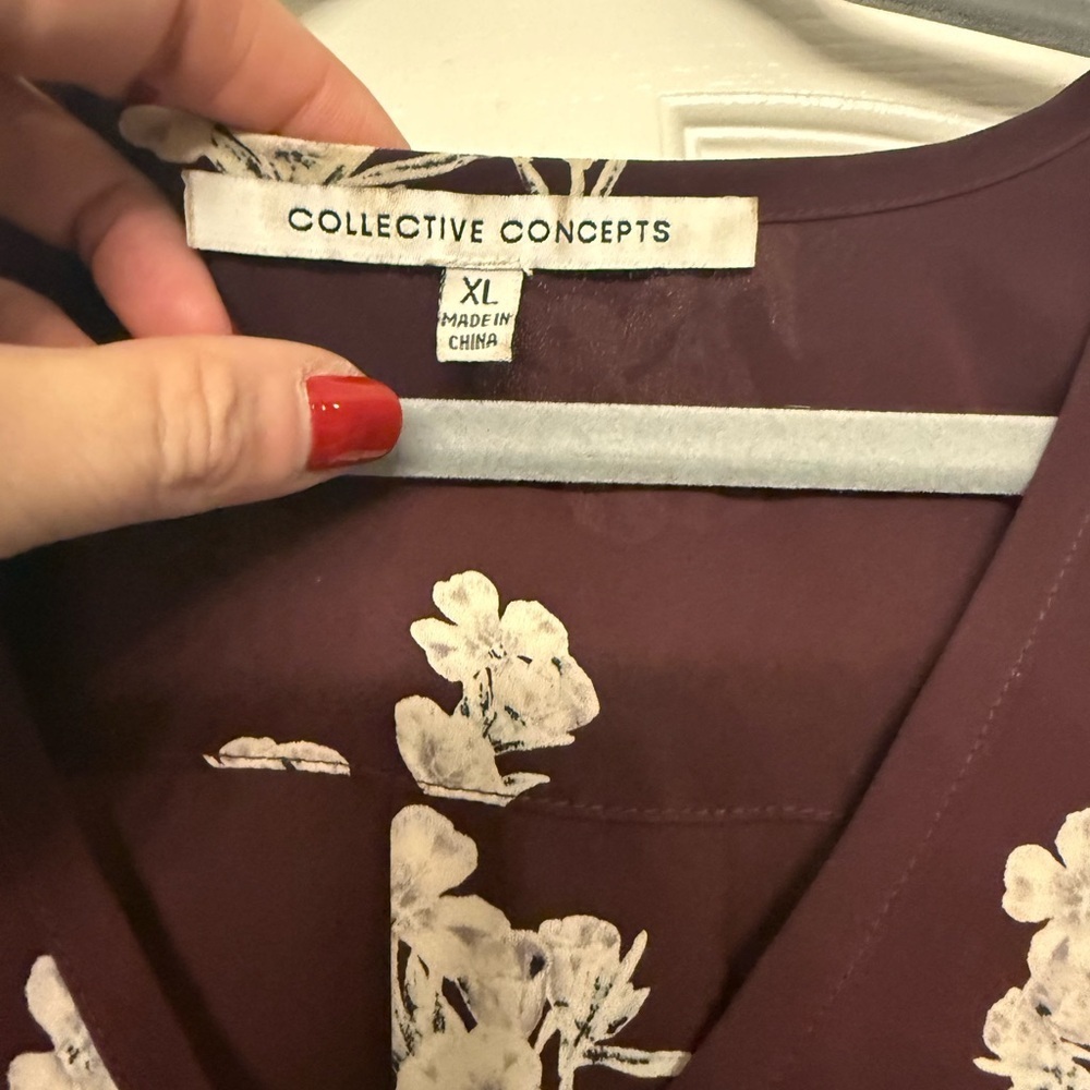 Collective Concepts Merlot Floral Blouse Sheer V-Neck Burgundy XL EUC - Picture 11 of 16